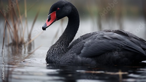 Tranquil lake scene with graceful black swan peacefully gliding, offering abundant free copy space photo