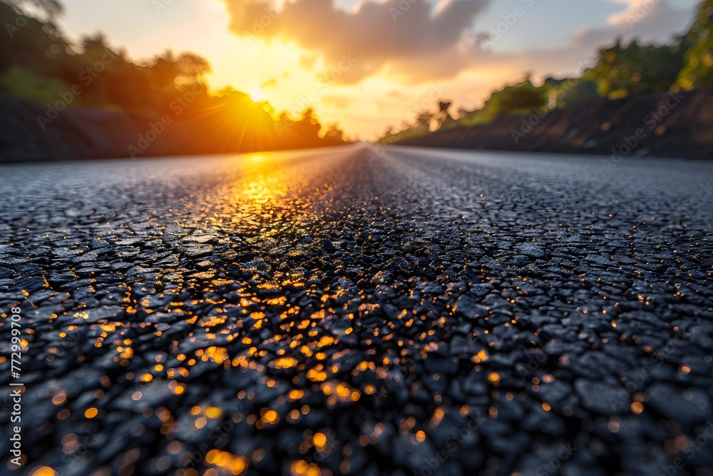 Obraz premium The Sun Setting Over a Road With Rocks