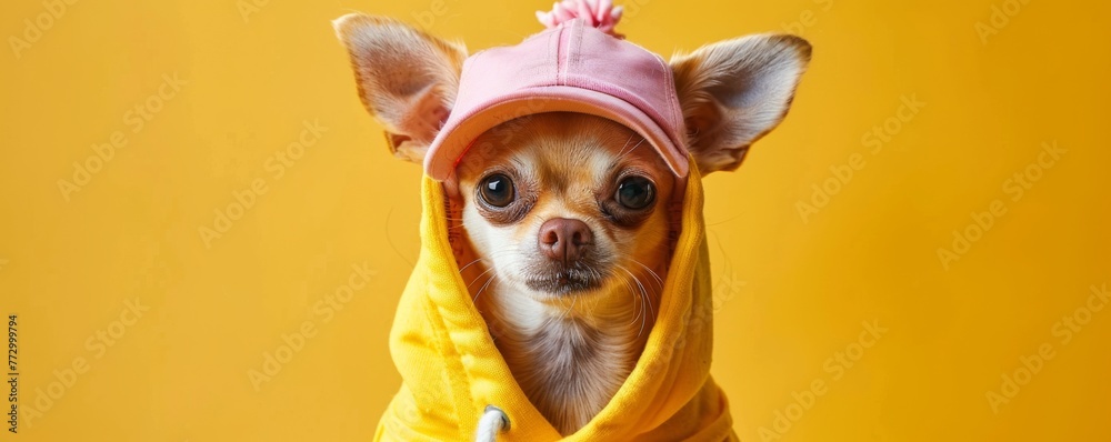 Chihuahua wearing a pink cap and yellow hoodie