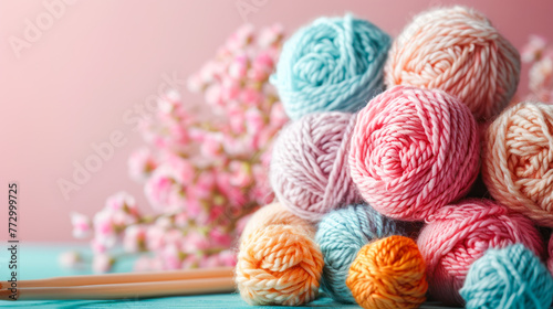 Colorful knitting yarn thread with needles banner. Side view, copy space. Knitting shop, hobby, Yarn for knitting sale. Needlework background. Many colorful balls of wool and cotton yarn for knitting
