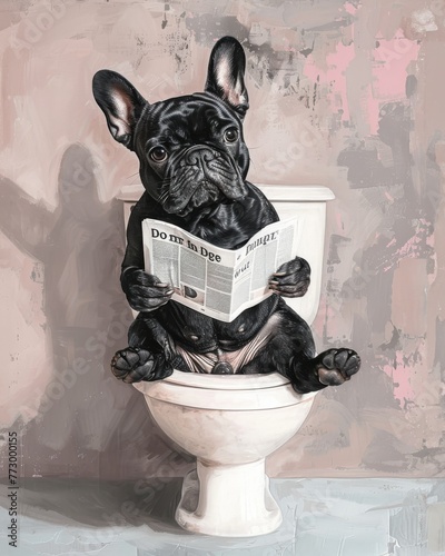 modern art illustration of a realistic french bulldog sitting on toilet while reading newspaper in bathroom