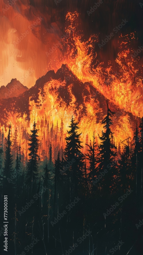 Forest wildfire at night