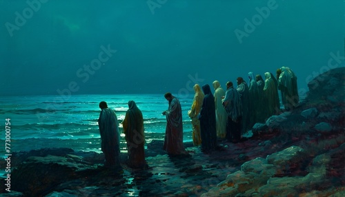 Nighttime Ocean Scene with a Group of People Standing on the Shore Generative AI