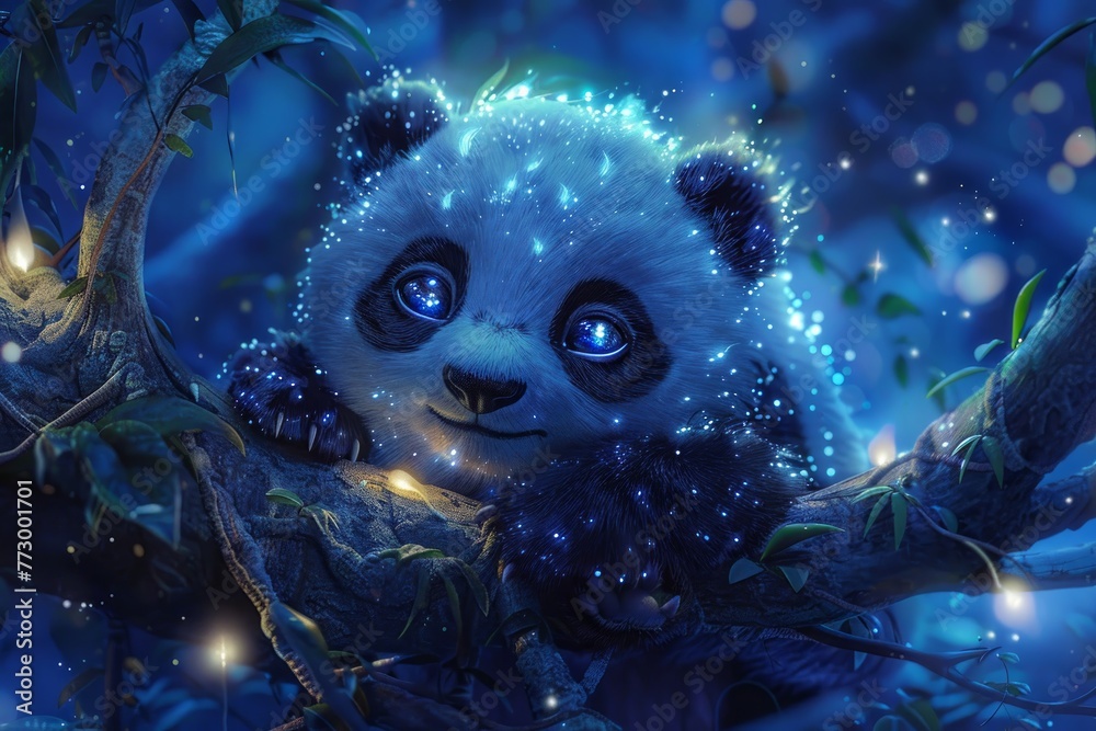 An enchanting scene of a cute panda with sparkling eyes, engaging in fantastical exploits, blending magic realism An enchanting scene of a cute panda with sparkling eyes, engaging in fantastical exploits, blending magic realism