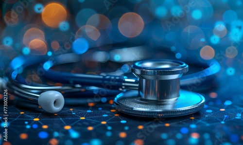 Close up of a stethoscope, Healthcare and medical insurance business virtual graph data and trends. 