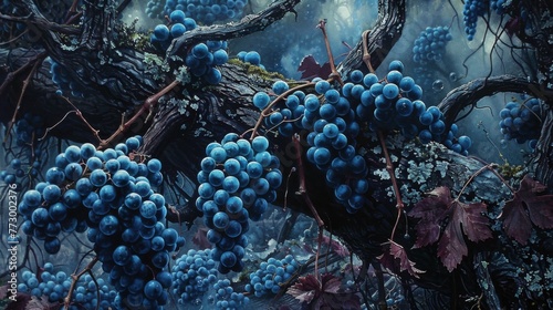 In the dim glow, red wine whispers tales of yore near a timeworn snag, with blue grapes as silent witnesses