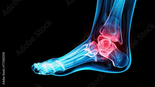 Foot or ankle pain on x-ray on black background. Joint problems and arthritis. Health and medical concept.