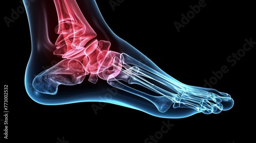 Foot or ankle pain on x-ray on black background.  Joint problems and arthritis. Health and medical concept.