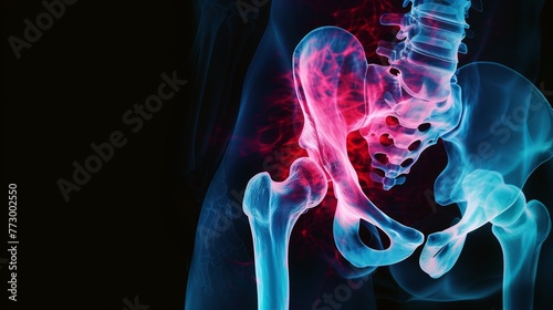 Pelvic or hip pain on x-ray on black background. Joint problems and arthritis. Health and medical concept.