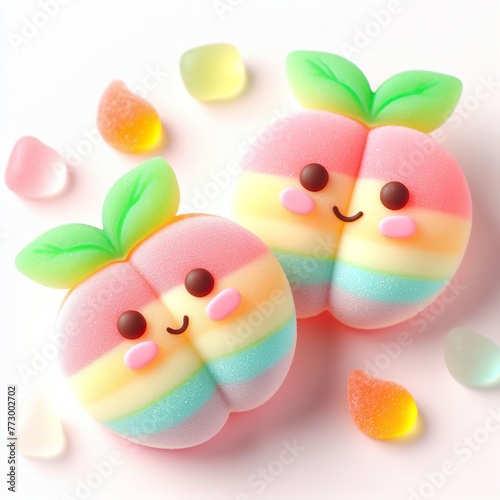 a pair of cute peach with leaves made of pastel color rainbow gummy candy on a white background