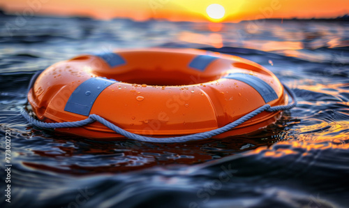 A lifeboat floating on the open sea at sunset, symbolising rescue, safety and hope.