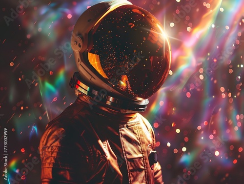 man wearing a space suit stands in front of a backdrop of stars. © Ирина Малышкина