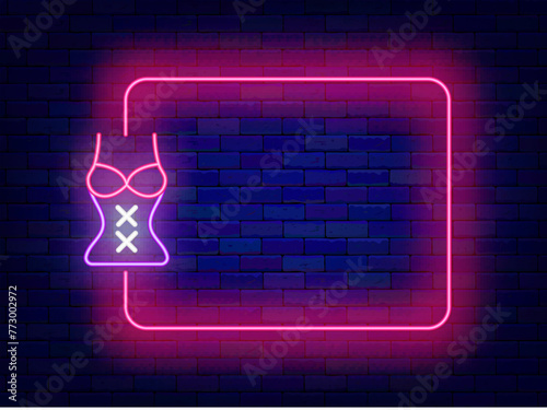 Sex shop neon advertising. Empty pink frame and underwear corset. Woman lingerie store. Adult wear. Copy space. Glowing poster. Editable stroke. Vector stock illustration