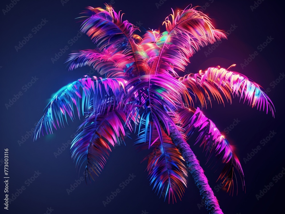 palm tree standing tall against a backdrop of bright lights shining brightly, creating a striking contrast between the natural tree and the artificial illumination