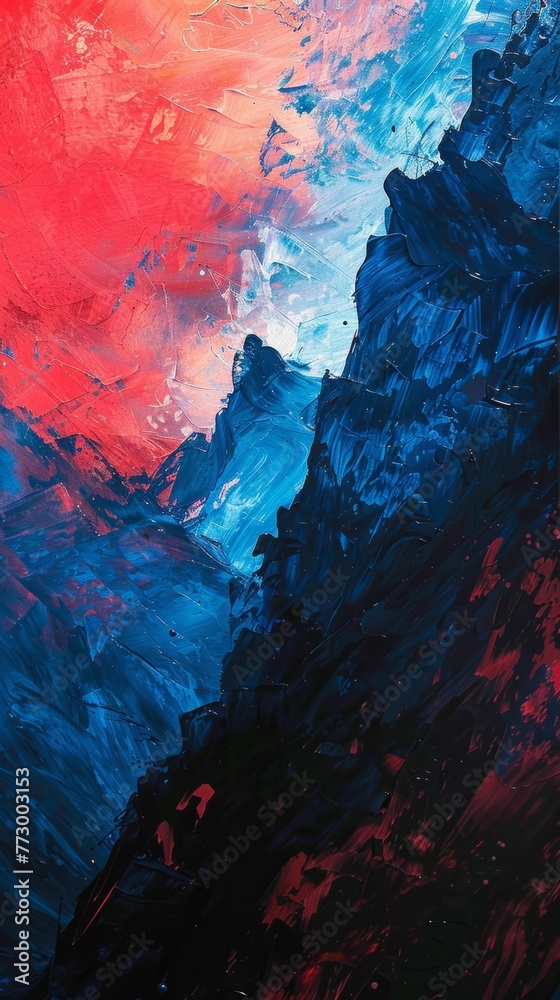Abstract acrylic painting with vibrant red and blue colors
