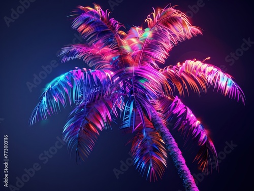 palm tree standing tall against a backdrop of bright lights shining brightly, creating a striking contrast between the natural tree and the artificial illumination