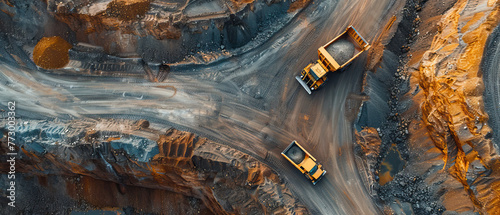 Aerial drone shot, open pit mine with dump trucks on sunny day, bright, sunny, natural light