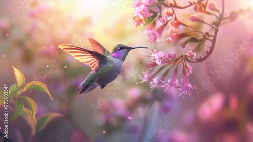 Hummingbird in flight near pink flowers © iVGraphic