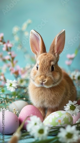 Easter bunny with decorated eggs and flowers © iVGraphic