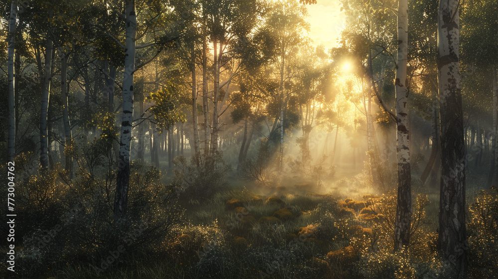 Fototapeta premium A breathtaking panorama captures the beauty of a forest at sunrise, where the warm light bathes the landscape, creating a serene and enchanting scene in nature