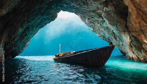 Underwater Discovery: Cave Inside Ship Amidst Subterranean Ocean