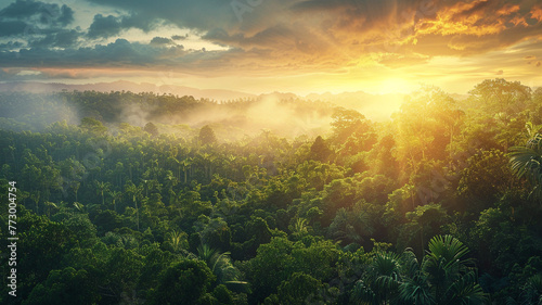 A breathtaking panorama captures the beauty of a forest at sunrise, where the warm light bathes the landscape, creating a serene and enchanting scene in nature