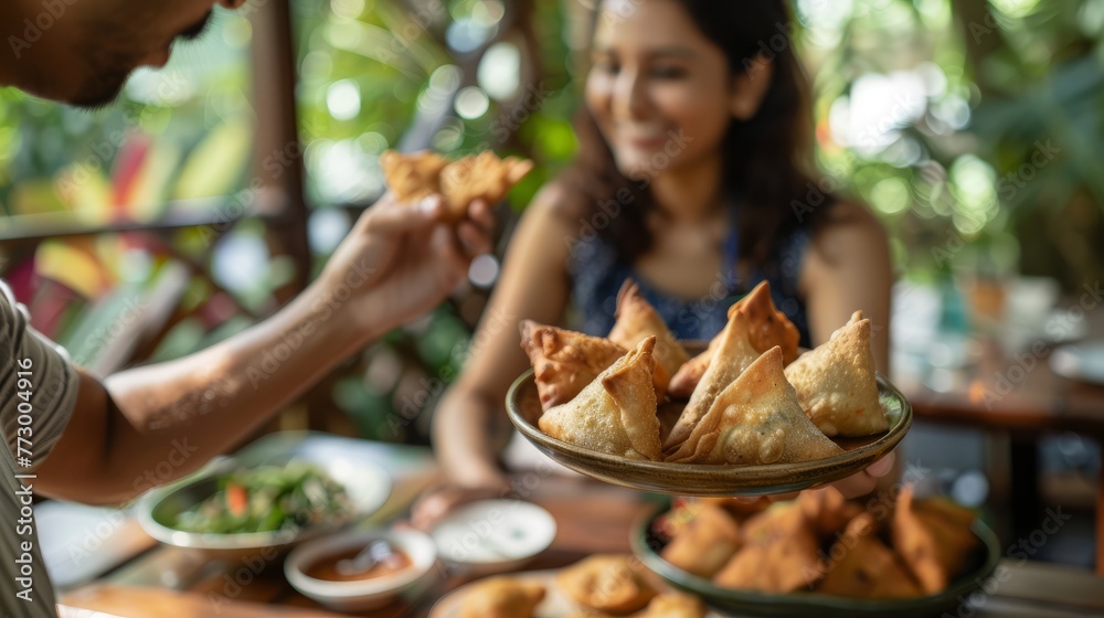 A woman passes a plate of fried samosa to a man. Dinner together. Authentic local homemade traditional meals in traditional dishes 