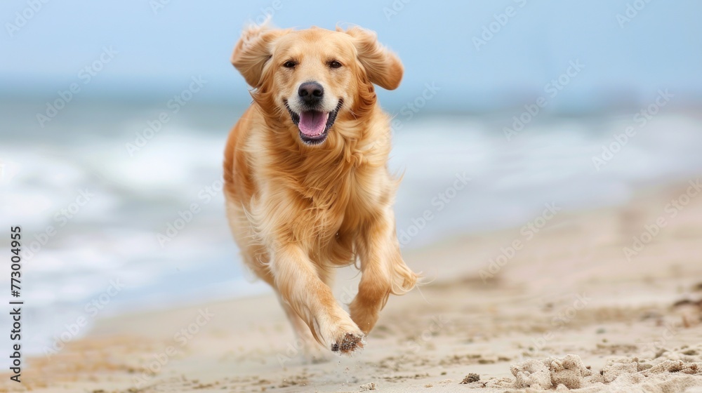 Joyful Sprint Along the Shore: Golden Retriever Embraces Beachside Fun - Generative AI Joyful Sprint Along the Shore: Golden Retriever Embraces Beachside Fun - Generative AI