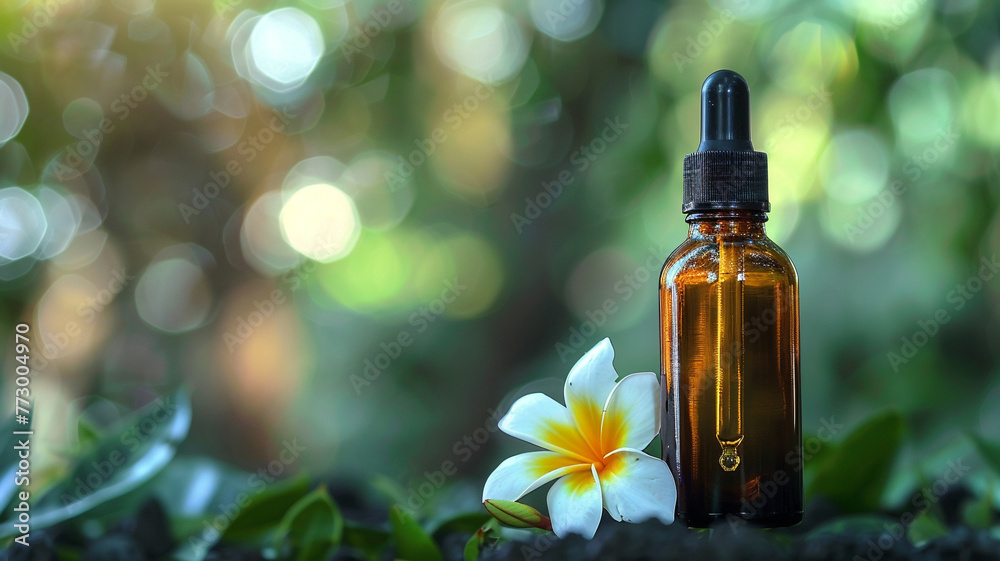 elegant amber glass dropper bottle stands with flower in nature