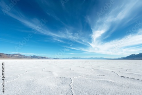 A vast salt flat with cracked white surface stretches to mountains under a sweeping blue sky with wispy clouds. © cherezoff