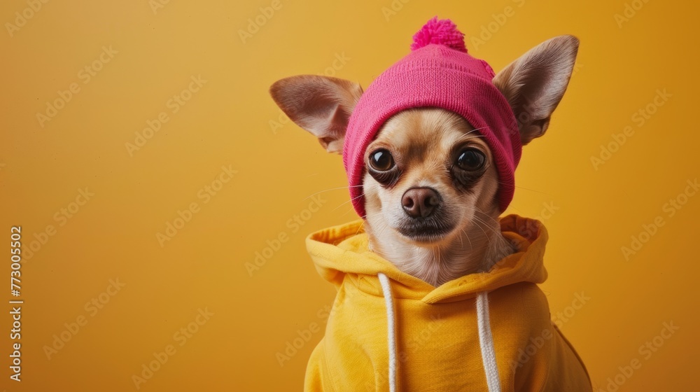 Chihuahua dog wearing a pink beanie and yellow hoodie