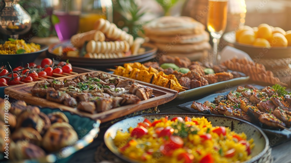 Close-up of variety of food during Iftar meal on Ramadan.