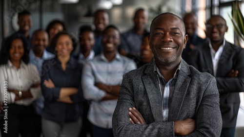 Successful African American CEO leading diverse team in modern office, confident businessman with folded hands overseeing joyful professional group