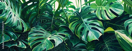 A lush green forest filled with tropical plants and leaves, perfect for a serene and relaxing atmosphere, reminiscent of the month of May, when the weather is warm and inviting. Generative AI