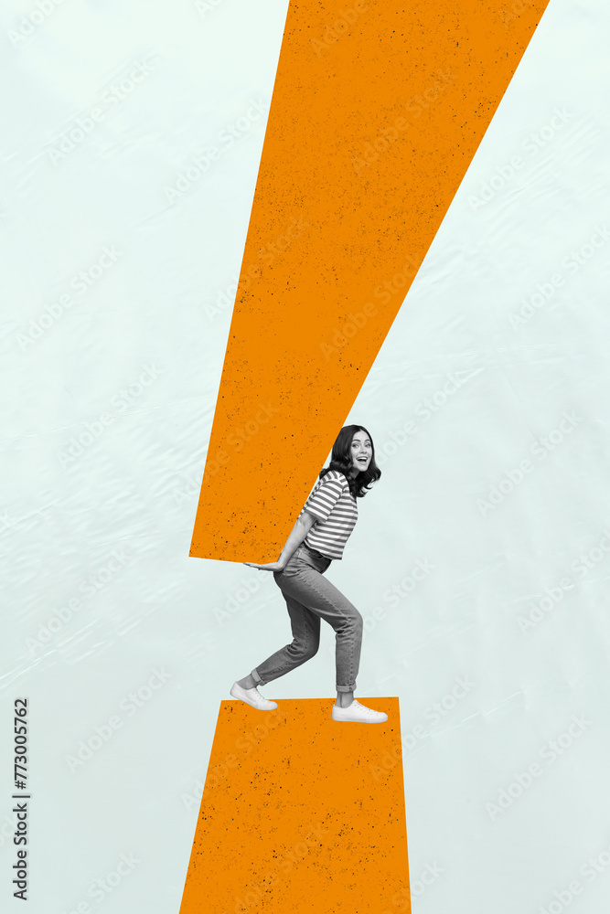 Vertical collage photo young happy smiling woman carry heavy persistence determination overcome difficulties drawing background - obrazy, fototapety, plakaty 