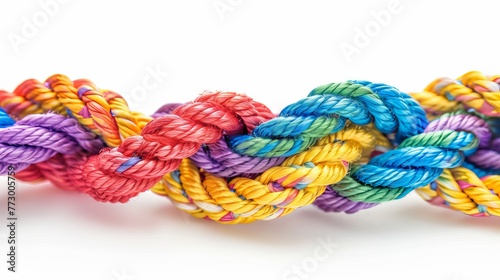 Vibrant multicolored braided ropes symbolizing unity and strength, neatly arranged on a pristine white background