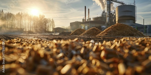 Capturing the essence of sustainability, a wide shot showcases the biomass energy production facility with raw materials in the foreground. photo