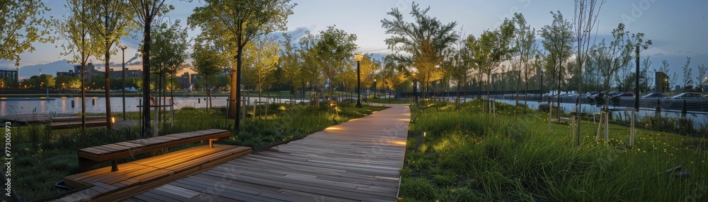 Eco-conscious public spaces, panoramic view of parks with solar lighting and recycled benches.