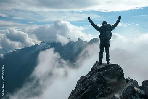 Exultant climber with raised fists stands atop a mountain peak, enveloped by clouds, capturing a sense of triumph. Generative AI