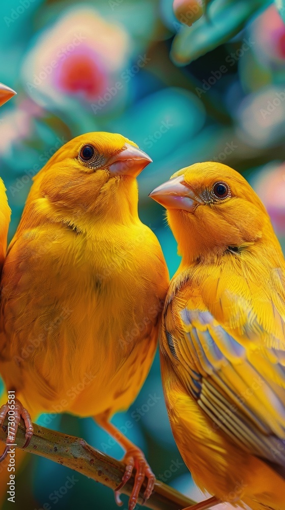 Two yellow canaries perched on a branch