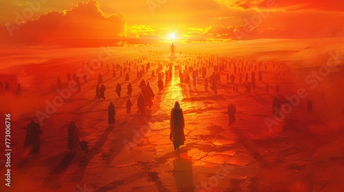 Sunset Silhouettes A Vibrant Visual of People Walking in the Sun Generative AI