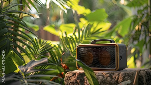 Capturing the essence of portability and design, a portable speaker shines amidst lush greenery in an outdoor setting. photo