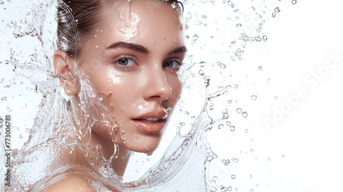 Young beautiful woman with clean fresh skin with splash of water on white background