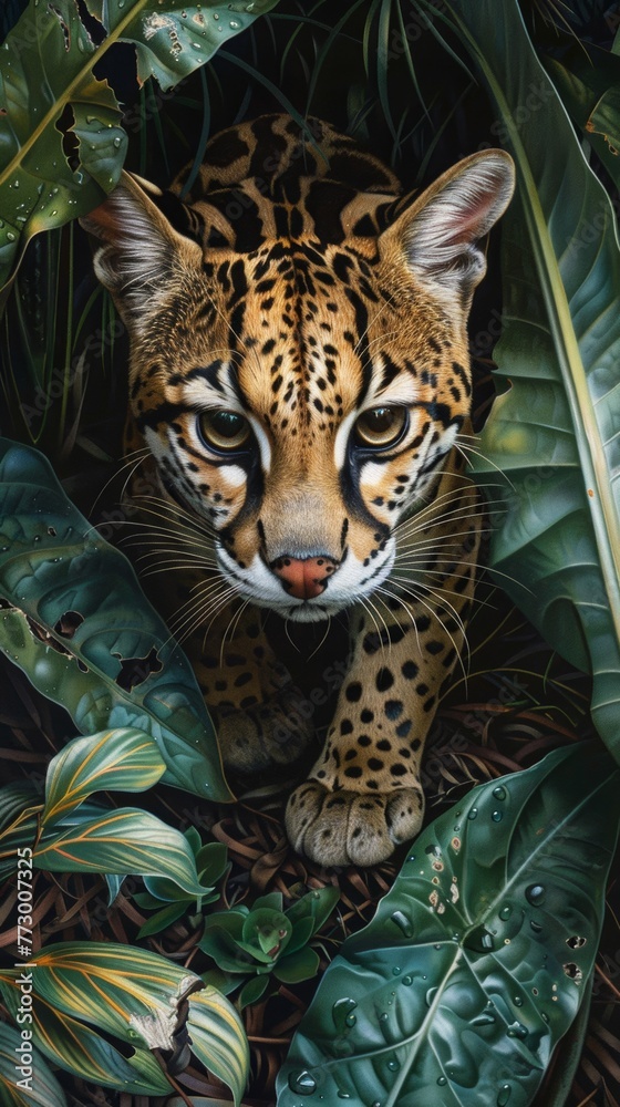 Obraz premium Ocelot peeking through lush greenery