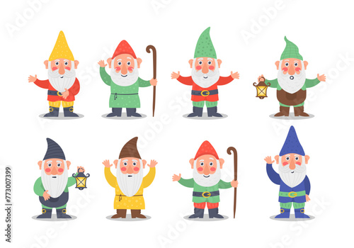 Collection cute of garden gnome or dwarfs holding lantern, banner, mushroom, watering can. Set of cute fairytale character. Classic Garden gnomes in colorful outfits different situations. Vector