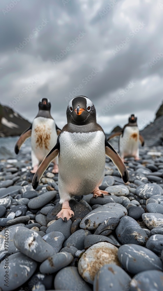 Fototapeta premium Gentoo penguin on a pebble beach with cloudy skies