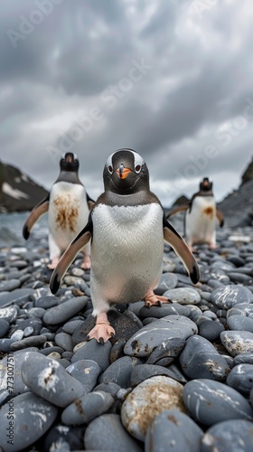 Gentoo penguin on a pebble beach with cloudy skies
