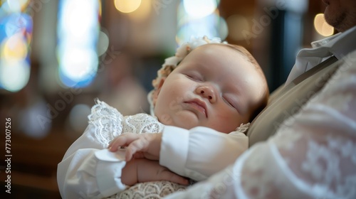 A baby peacefully sleeping in the arms of a godparent after the baptism. 