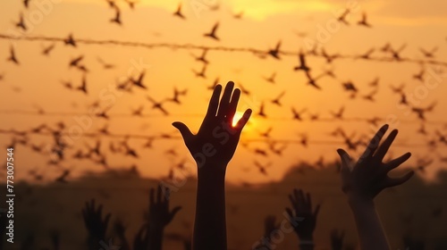 Silhouette refugee hands raising with birds flying and barbed wire on autumn sunset background, AI-generated photo