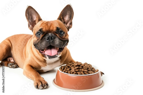 happy french bulldog with bowl of dry food. isolated on white background